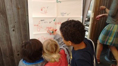 three children gather round a flip chart, drawing images of the soil food web in coloured pens