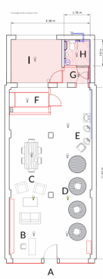 architectural plan of a single storey space, with large main room and two smaller rooms at the back (including a WC). The drawing shows some furniture and fittings scattered around the space 