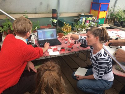 4 people gather round a lap top and microscope in garden setting, with sunflower, pot plants and soil samples dotted around. One person is gesticulating and explaining something, someone else takes notes on a clipboard.